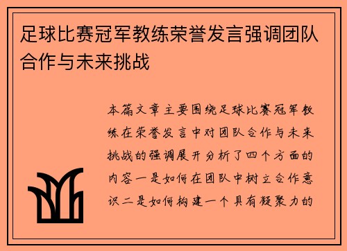 足球比赛冠军教练荣誉发言强调团队合作与未来挑战